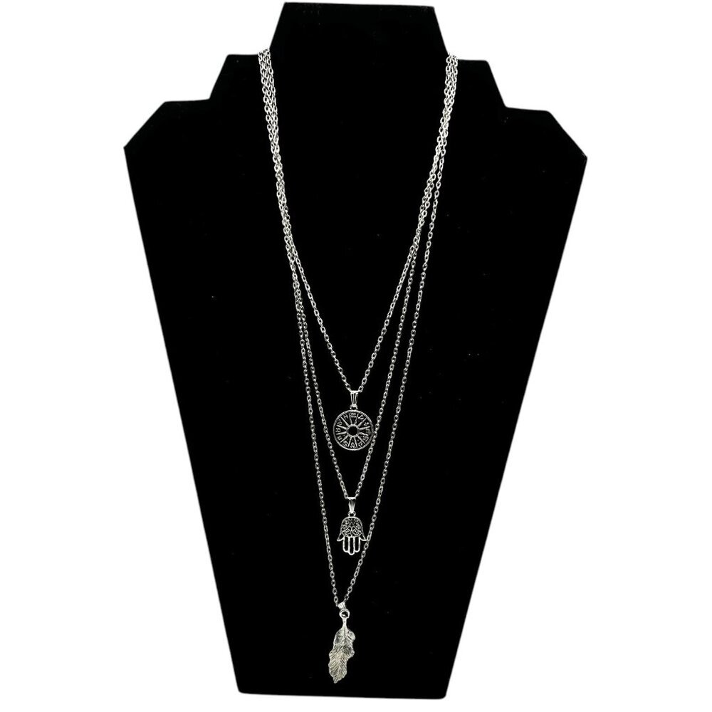 Layered Antique Silver Pendant Necklace With Compass Hamsa Hand & Feather Charms